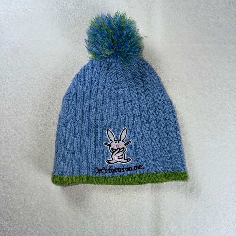 Vintage It's Happy Bunny Jim Benton Blue Green Pom Pom Beanie Hat‎ Y2K Sarcastic